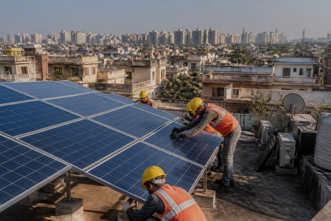 Delhi rooftop solar panels on urban buildings under a clear morning sky