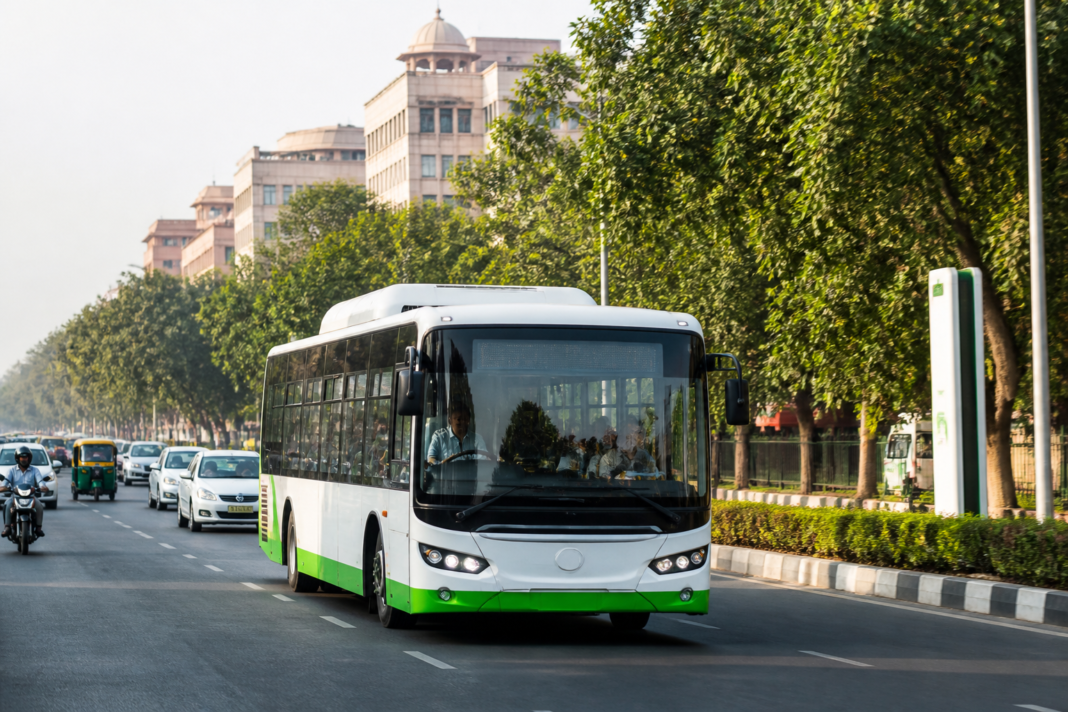 Delhi electric mobility index milestone shown through an electric bus on a city road