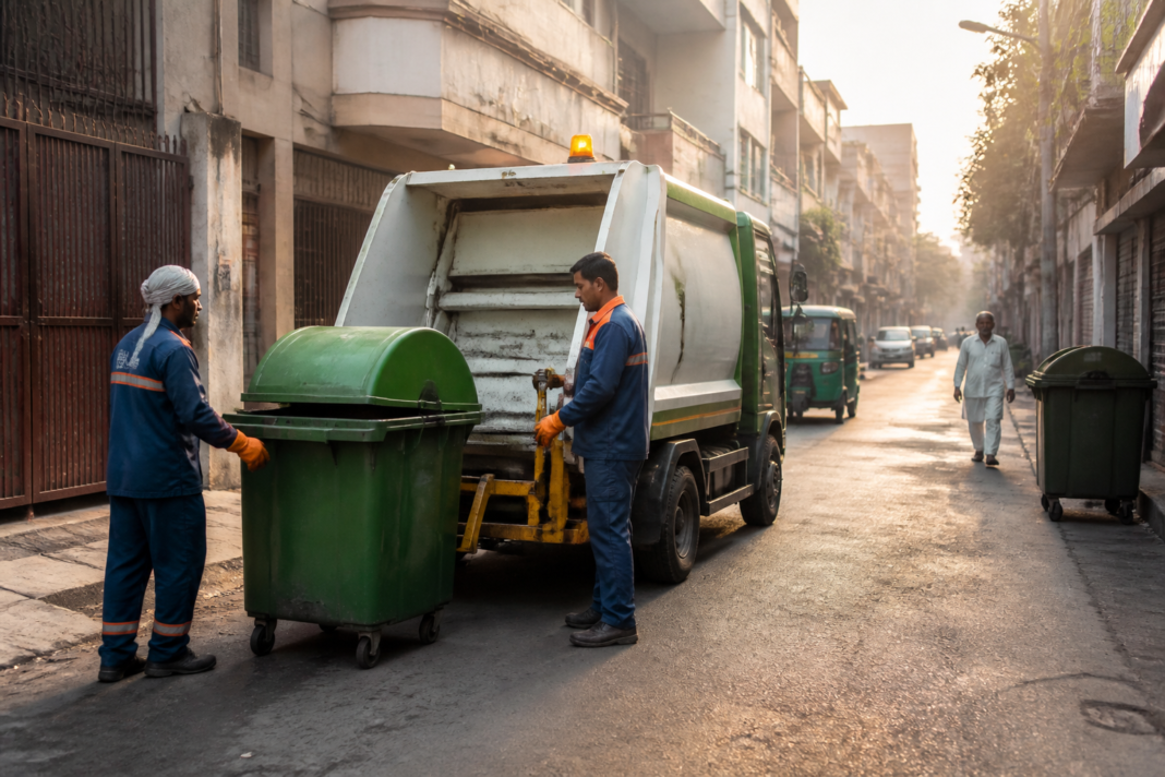 Delhi waste management workers collecting waste from a neighbourhood street with a compact vehicle