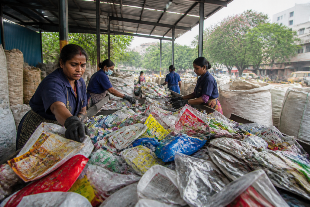 Multilayered plastic packaging waste collected on a Bengaluru street