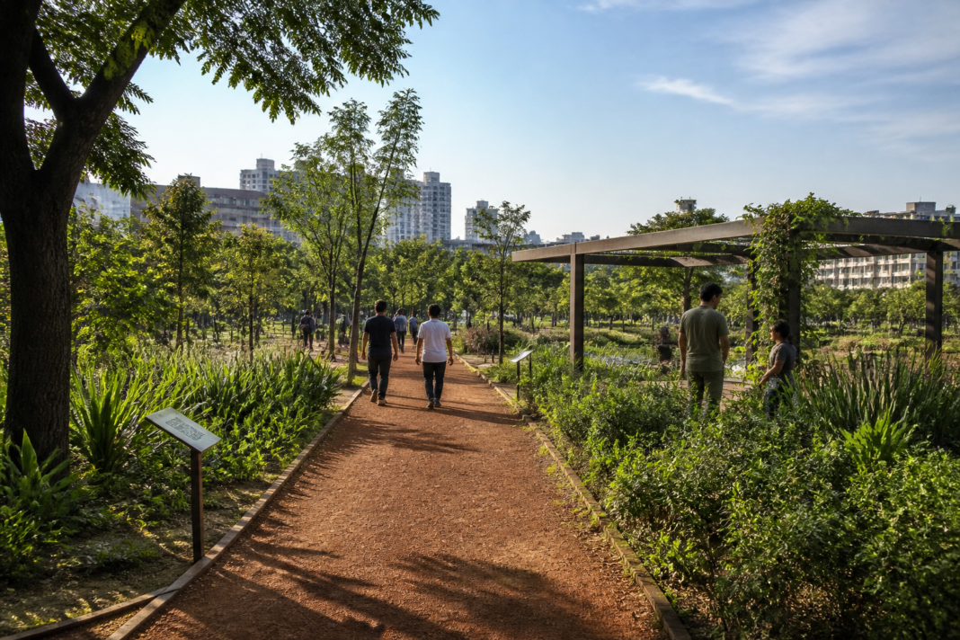 Panathur tree park with a nature trail and landscaped green space in Bengaluru