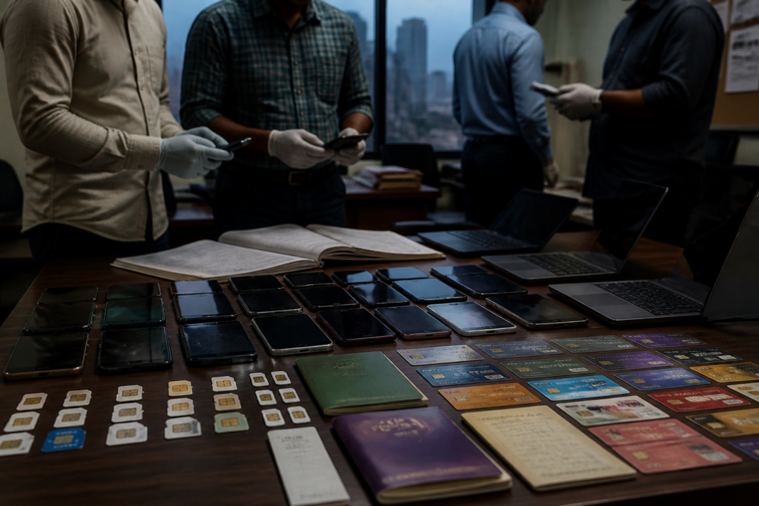 Mumbai cyber fraud case investigation with police examining seized phones and laptops.