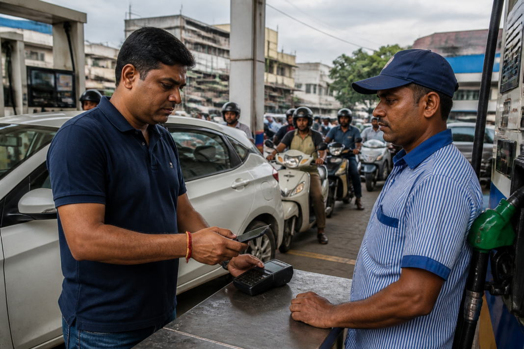 UPI charge concerns at a Bengaluru fuel station as a merchant processes a digital payment.
