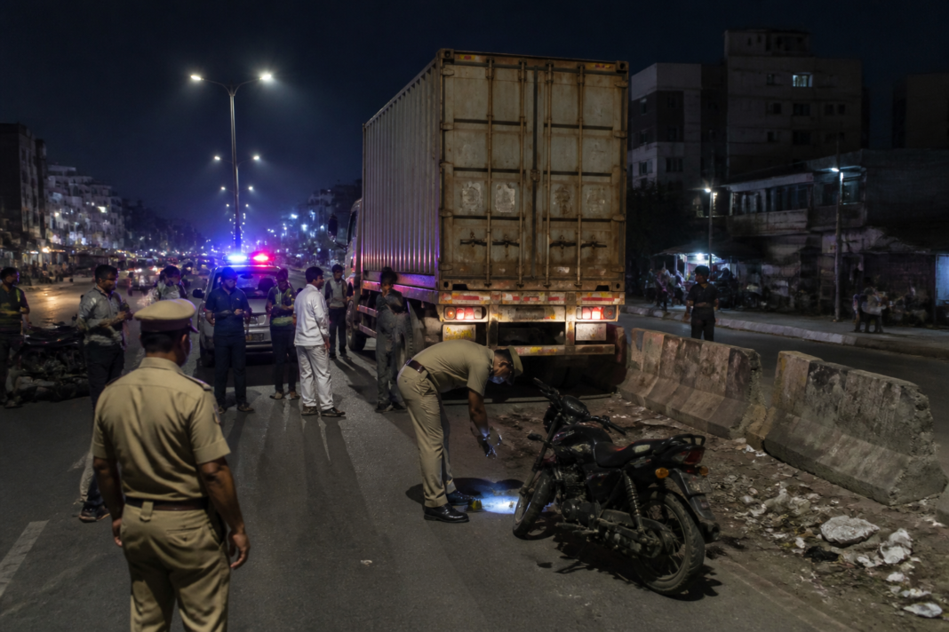 Police response at a Hyderabad road accident scene on Katedan Road in Mailardevpally