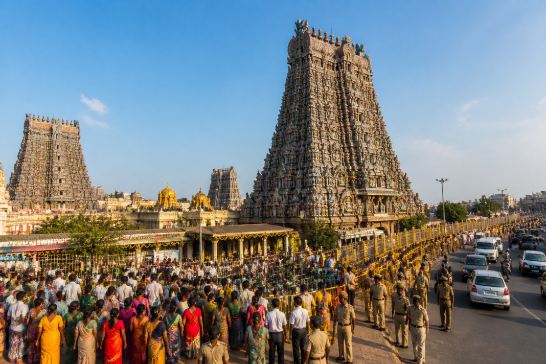 Madurai Meenakshi Amman Temple Kumbabhishekam with devotees gathered near the temple towers