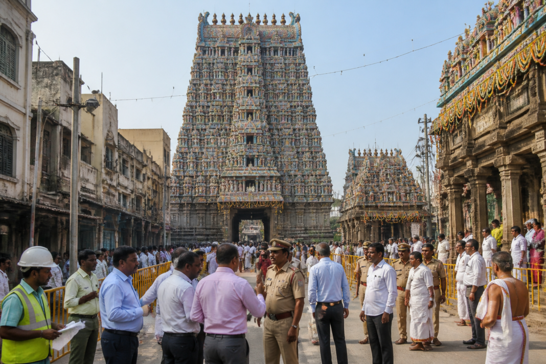 Madurai Meenakshi Temple kumbhabhishekam preparations with officials and visitors near the temple complex