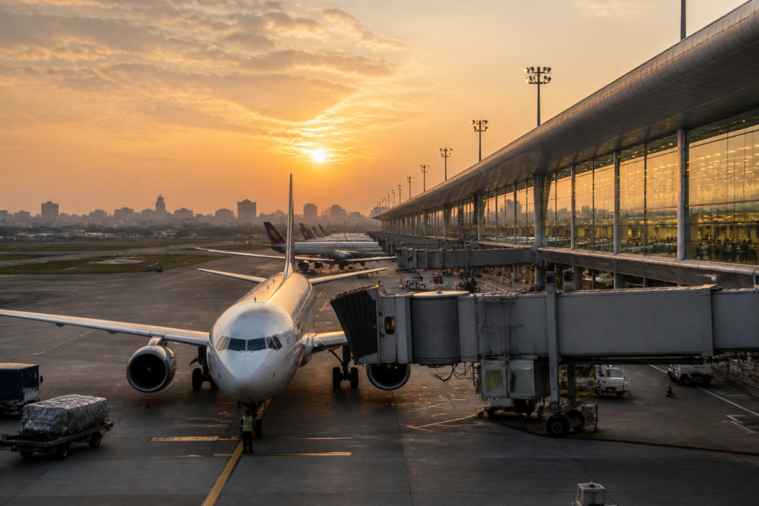 Kolkata airport terminal and aircraft representing Kolkata London flights connectivity