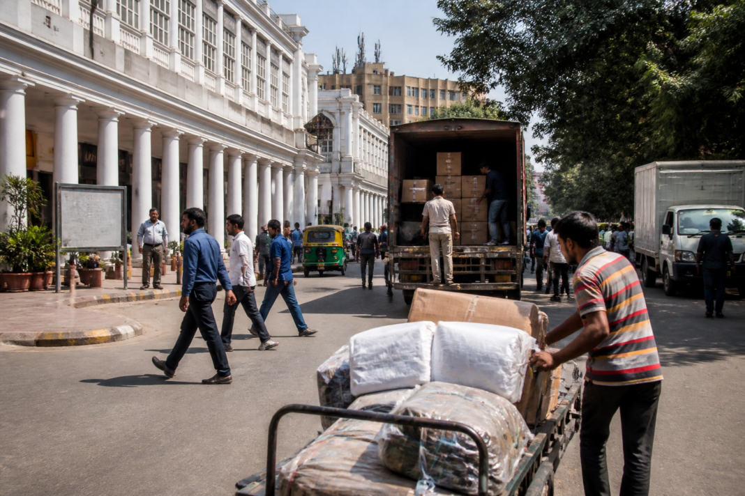 NDMC property tax relief sign outside a commercial market in New Delhi