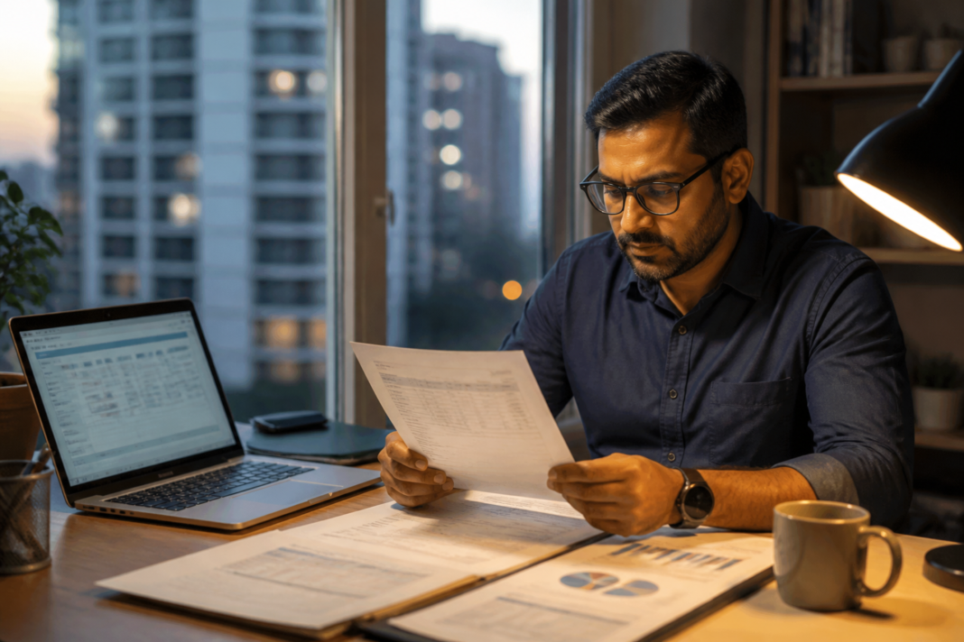 Labour codes take-home pay shown through an Indian employee reviewing a salary slip and bank statement.