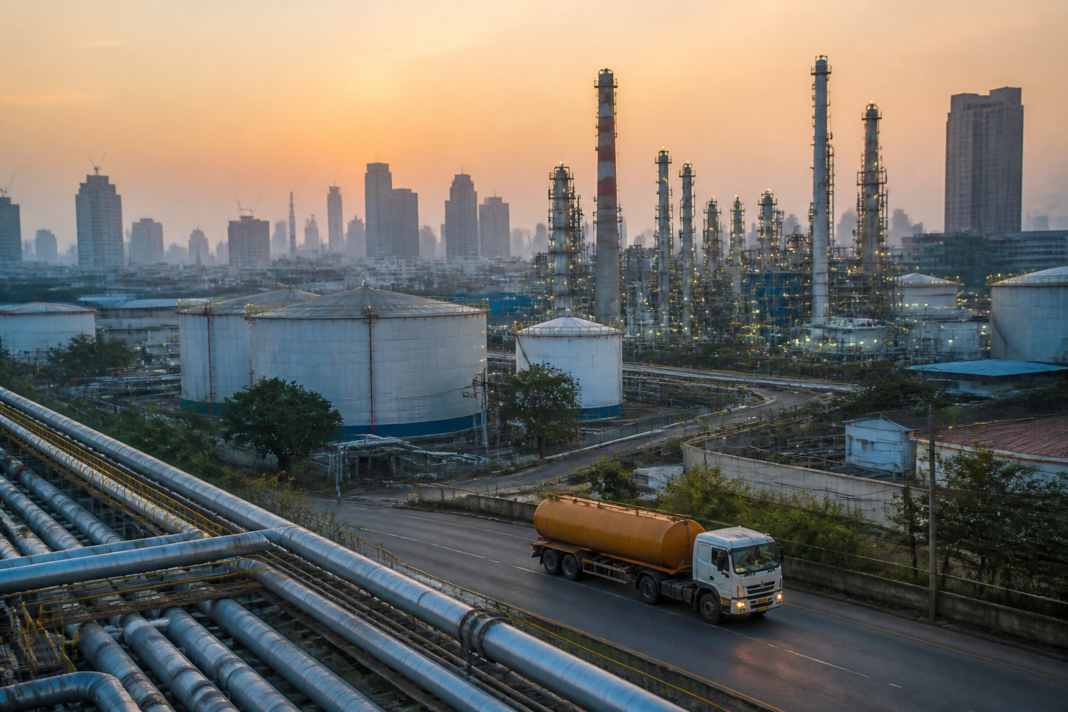 Russian oil tariffs and an Indian oil refinery with storage tanks and crude-import infrastructure