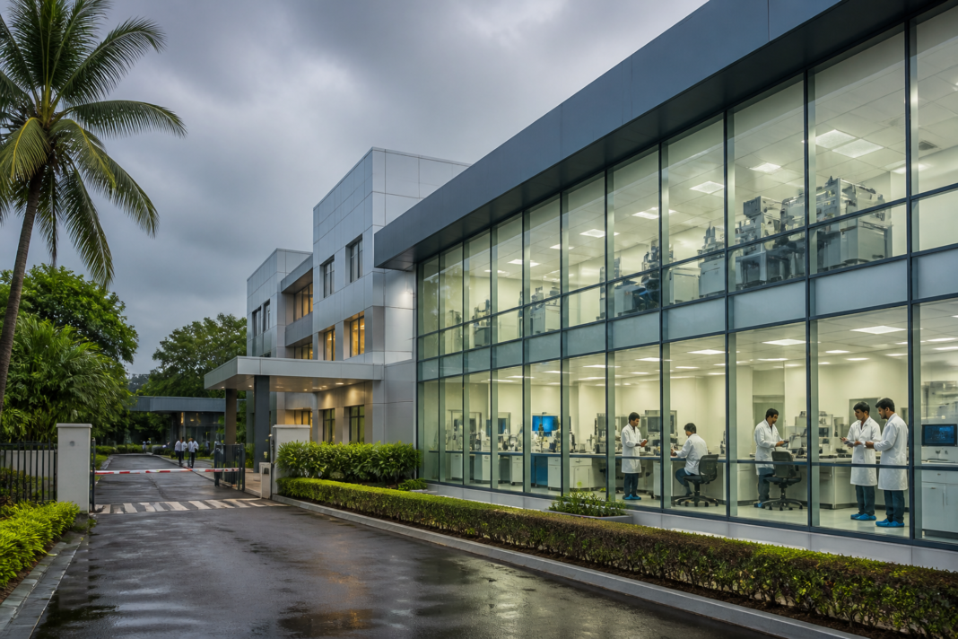 Kerala medical device parks concept showing a modern healthcare manufacturing facility and shared laboratory infrastructure.