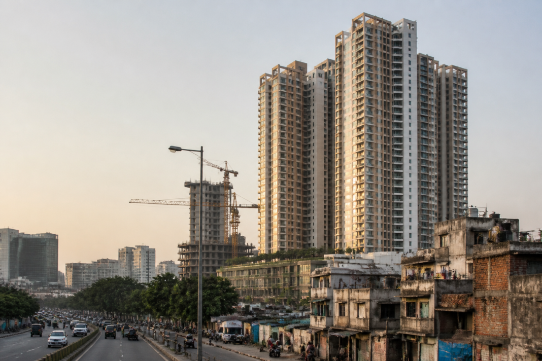 Luxury housing development rising above an urban Indian neighbourhood