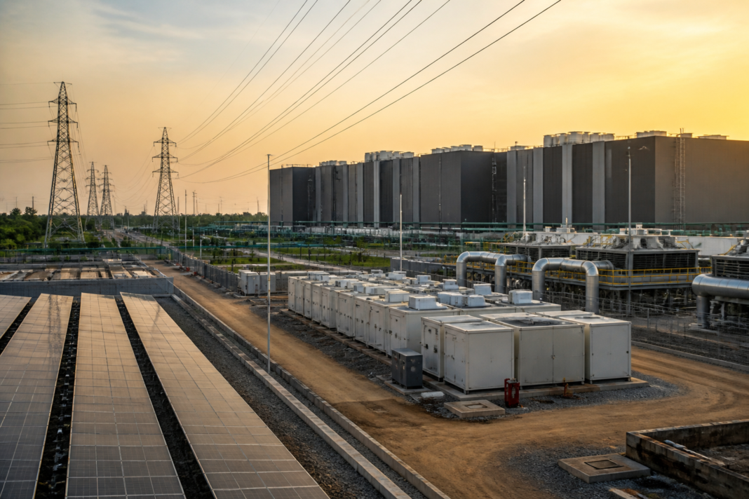 India data centre investment represented by a large server facility and renewable power infrastructure.
