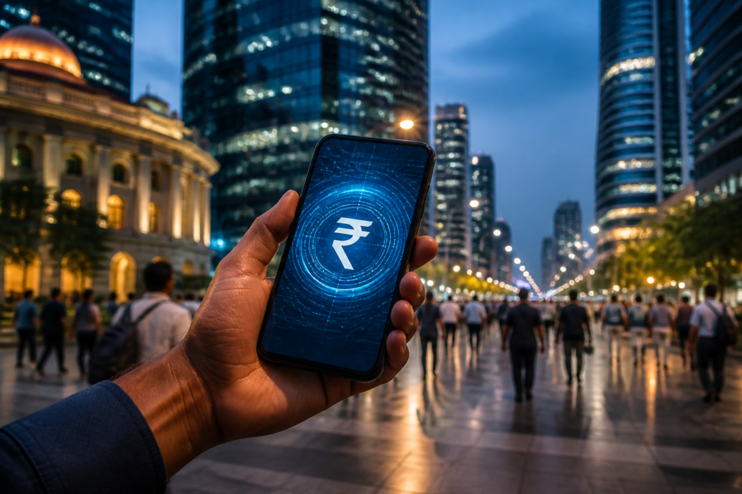 India CBDC and cryptocurrency symbols represented on a digital finance screen