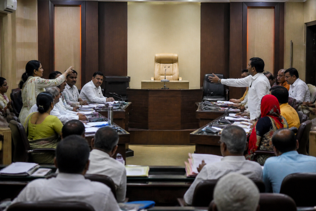 Ulhasnagar Municipal Corporation meeting hall amid a dispute over the mayor’s chair