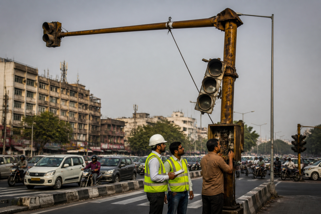 Delhi-NCR urban safety scene showing a damaged traffic signal pole beside busy city traffic.