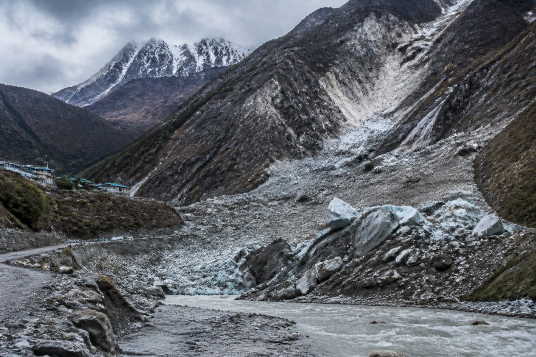Nepal glacier collapse affecting a Himalayan valley beneath unstable ice and rock