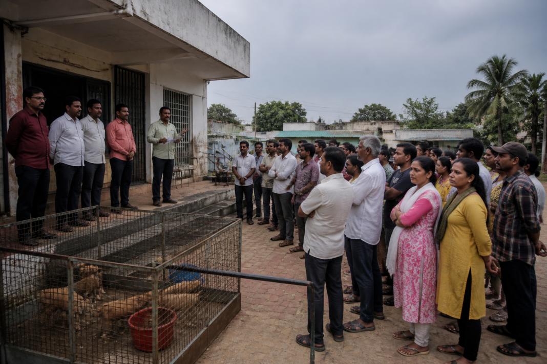Niphad stray dog menace protest at the Nagar Panchayat office in Nashik