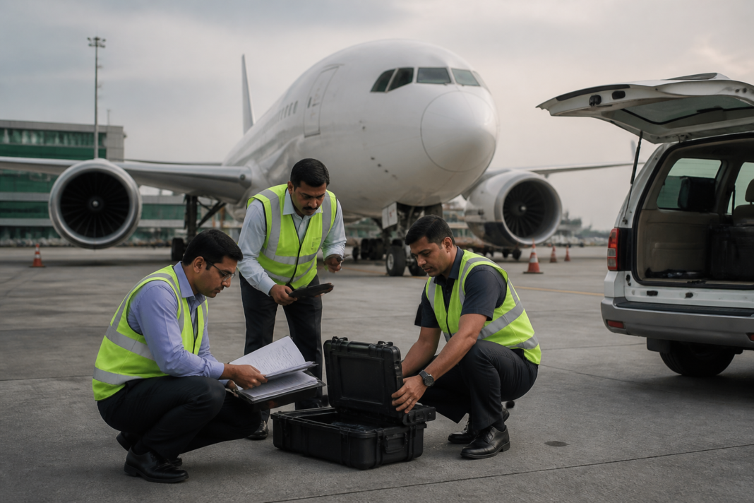 AI-171 crash investigation documents and a Boeing 787 aircraft at an airport