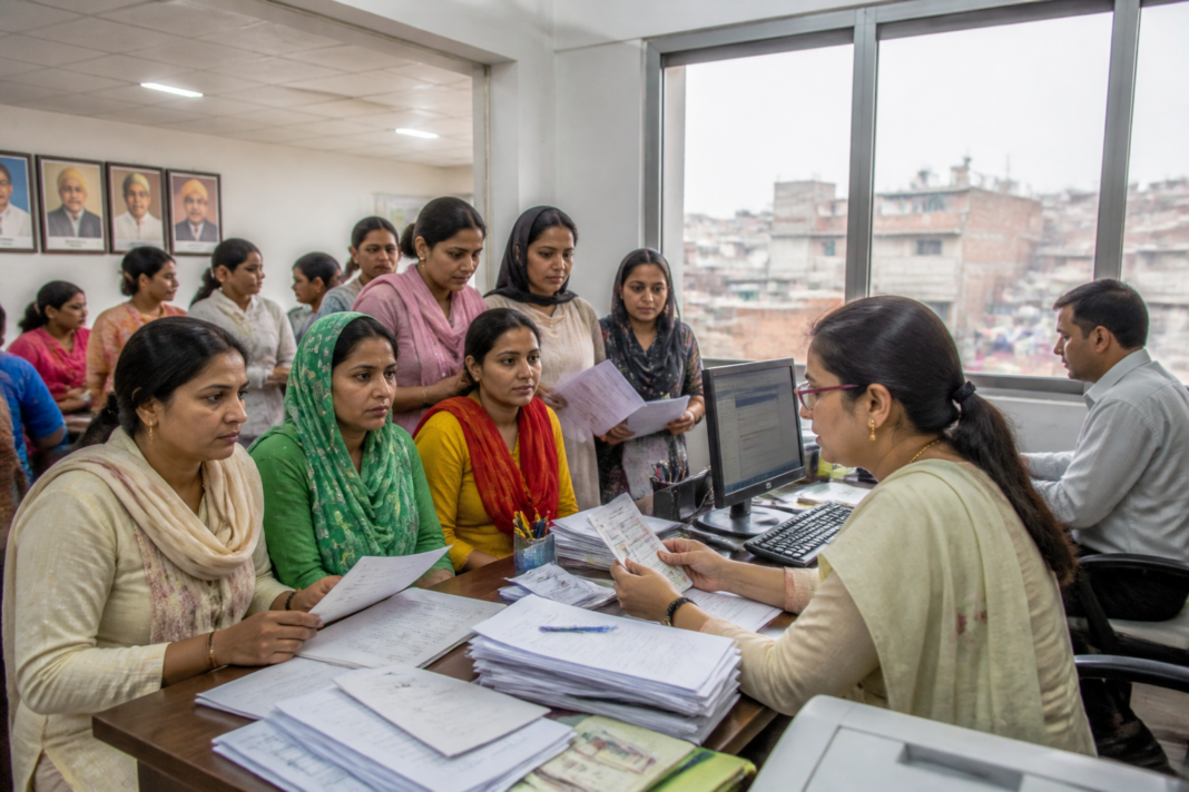 Delhi Lakshmi Yojana applicants outside a government office in New Delhi