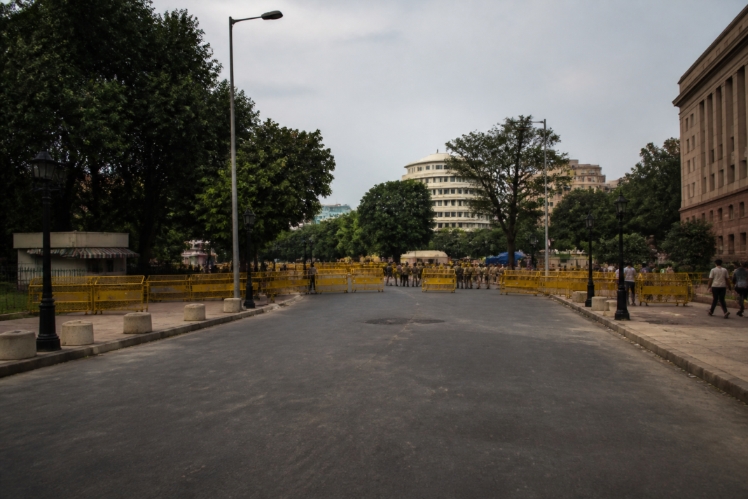Jantar Mantar protest venue in New Delhi with police barricades and an empty demonstration area