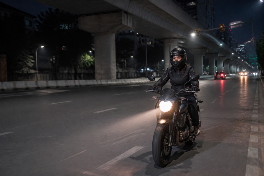 Women motorcycle riders on a Delhi-NCR road at night