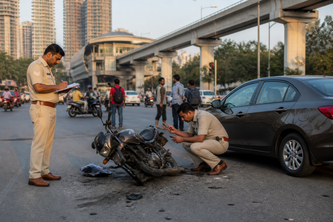 Gurugram hit-and-run investigation near a metro station road with police vehicles and a motorcycle