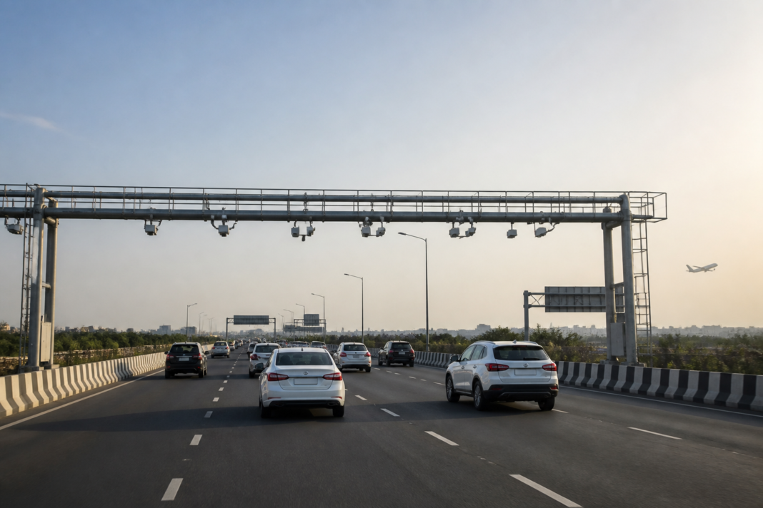 Noida airport toll point using ANPR cameras on a Greater Noida link expressway