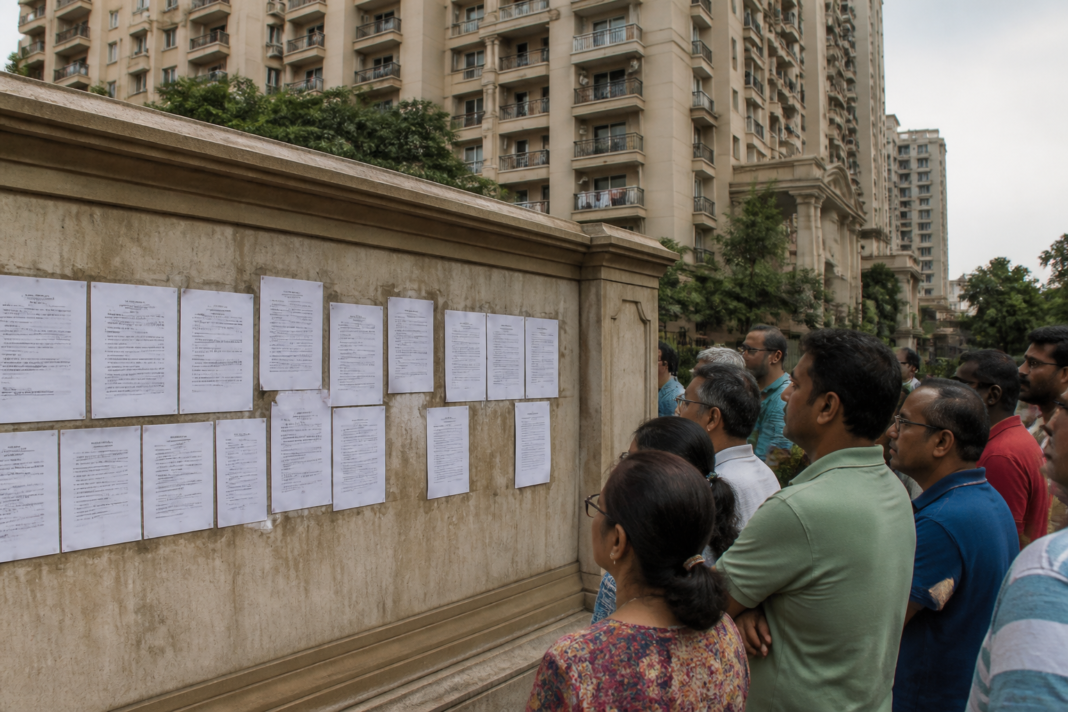 Indirapuram recovery notices posted on a residential complex noticeboard in Ghaziabad