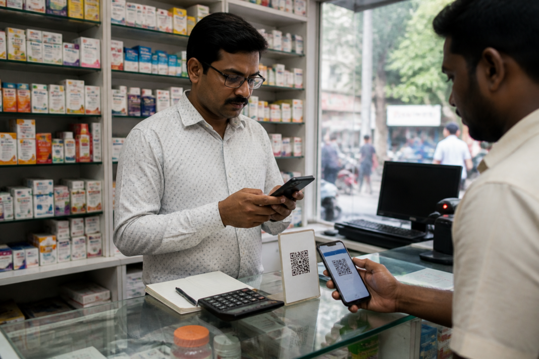 UPI MDR impact on a pharmacy merchant processing digital payments at a busy urban counter