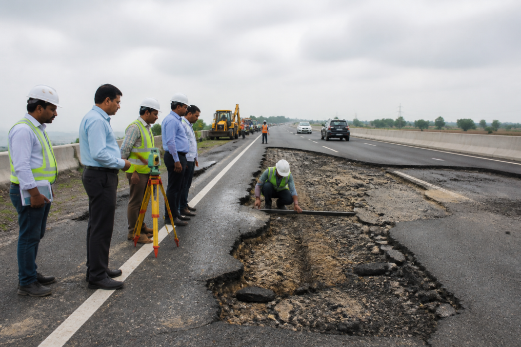 Kanpur-Lucknow Expressway showing damaged road sections and repair work
