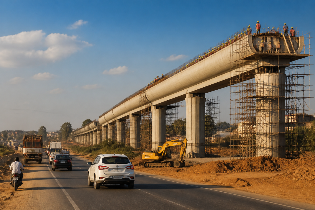 Yettinahole project construction near Tiptur bypass with an elevated water trough above a highway