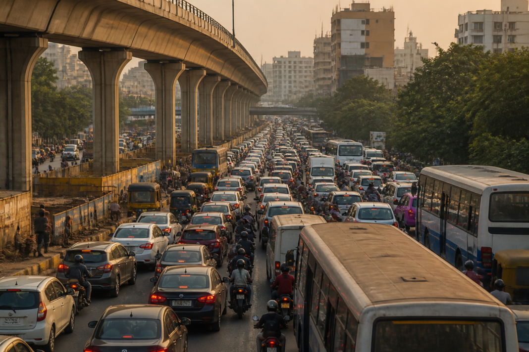 Bengaluru traffic congestion on a major urban corridor with flyovers and dense buildings