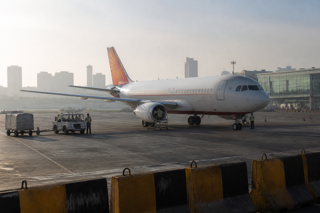 Air India flight cuts reflected by an Air India aircraft at a busy Indian airport