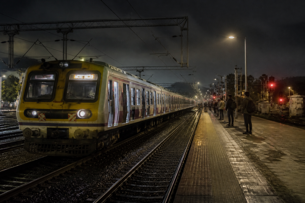 Mumbai local train at a Central Railway station during late-night operations