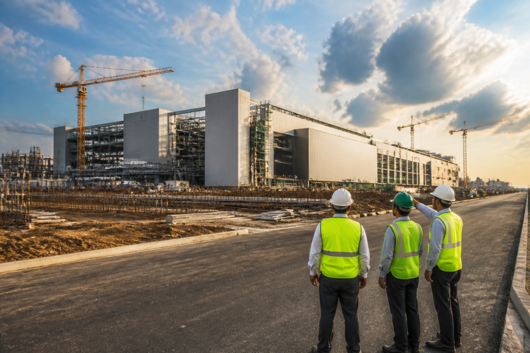 Semiconductor manufacturing in India represented by a high-tech fab under construction in Dholera, Gujarat.