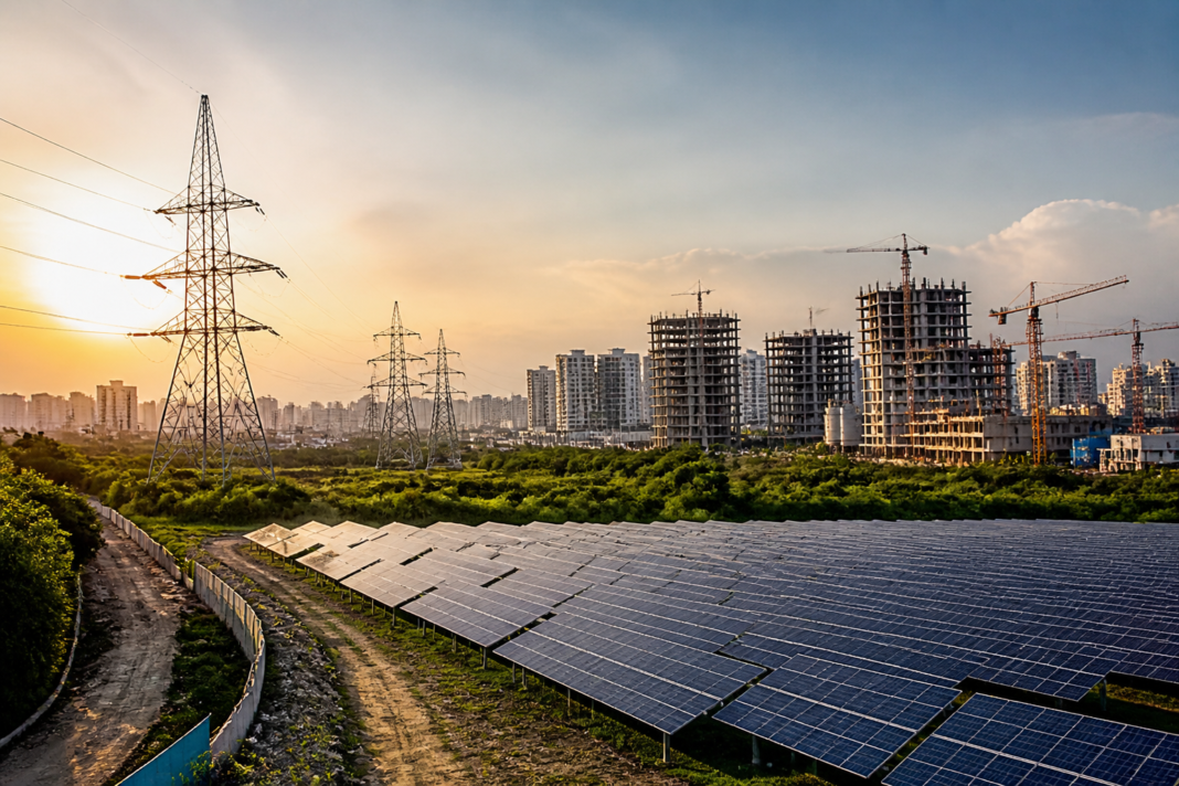 Solar panels and transmission infrastructure representing India power sector emissions trends