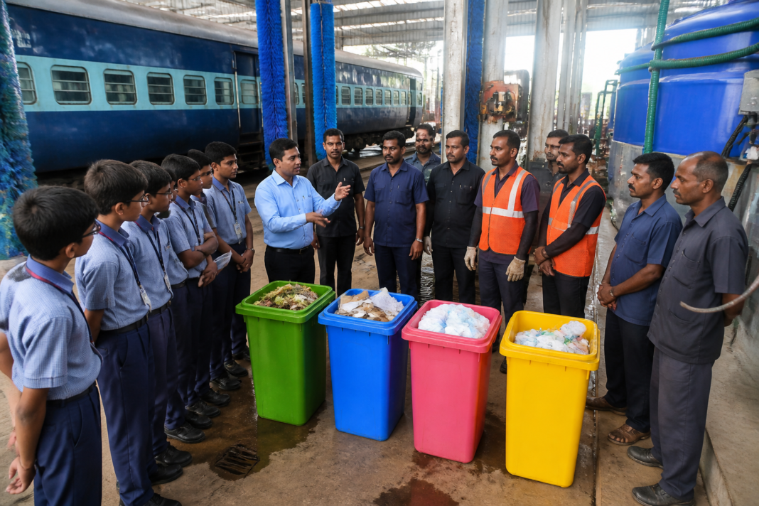 Vijayawada railway staff and students learning about waste segregation and sanitation facilities