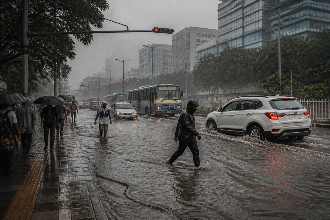 Kolkata rain leaves a waterlogged road near Salt Lake Sector V.