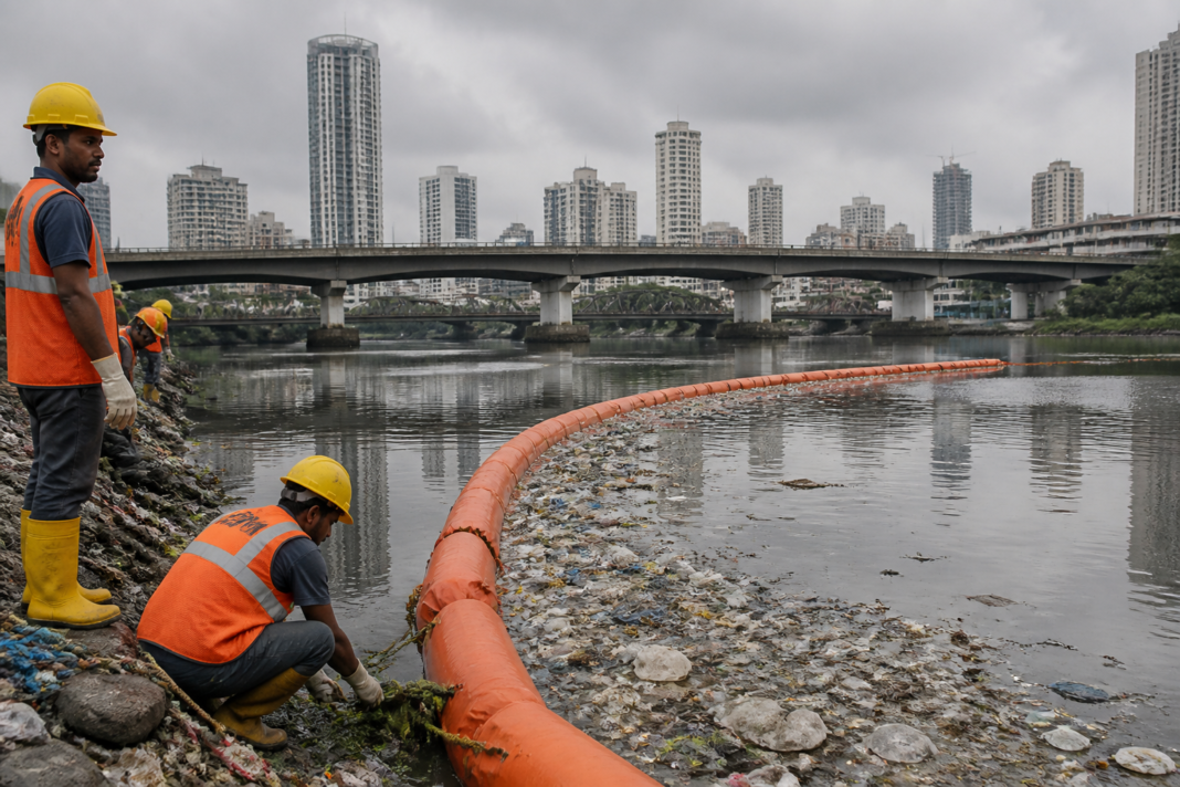 BMC trash-boom equipment near Mumbai's Mithi River amid floating waste and urban infrastructure.