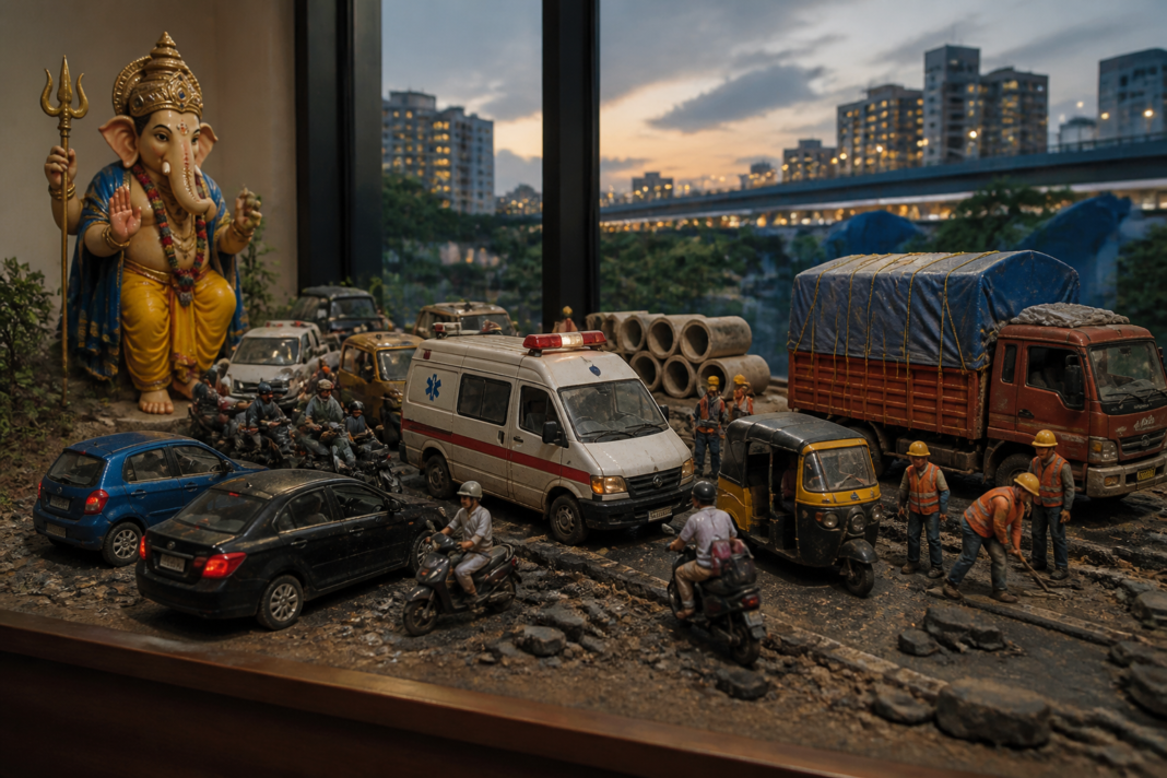 Pune road safety installation showing an ambulance trapped in a congested urban road scene