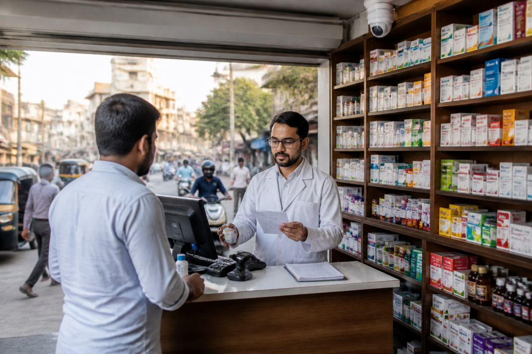 Prescription medicine sales at a neighbourhood medical store in Hyderabad