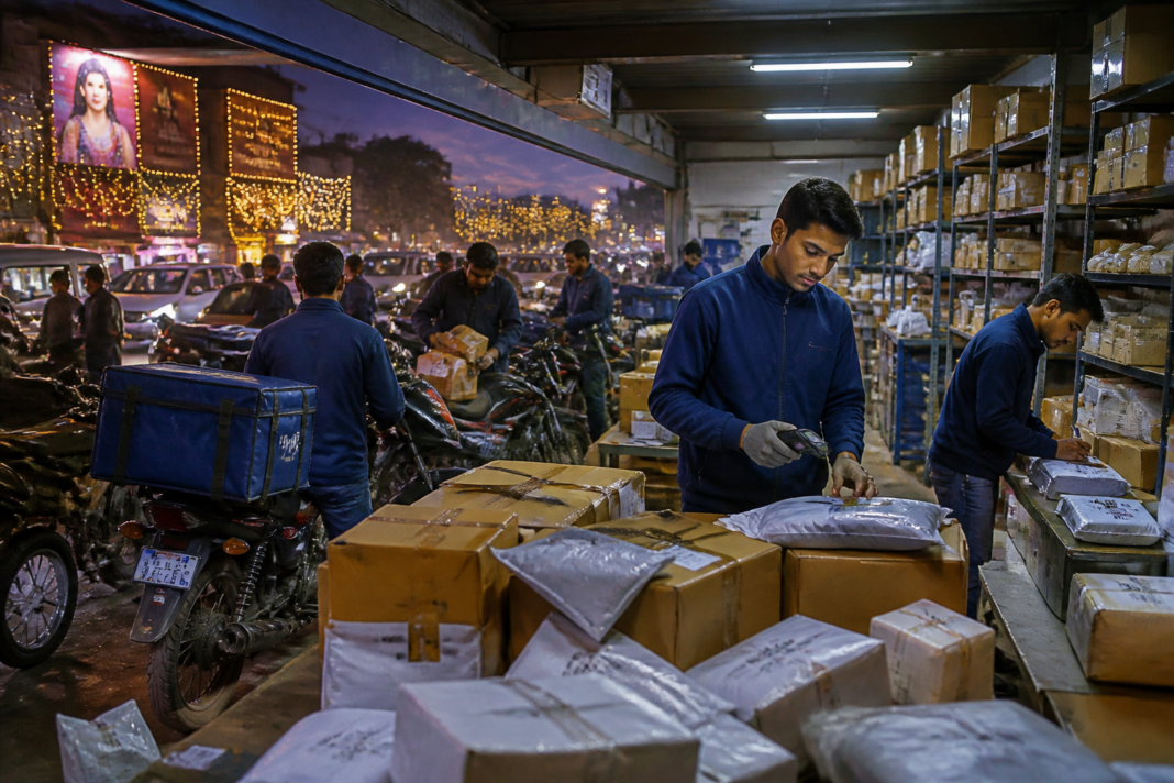 Festive gig hiring workers sorting online retail packages at an urban delivery hub in India