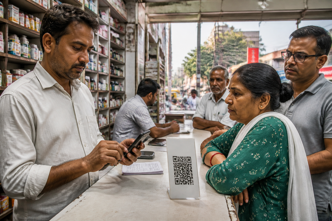 UPI MDR impact on a pharmacy counter with a digital payment QR code