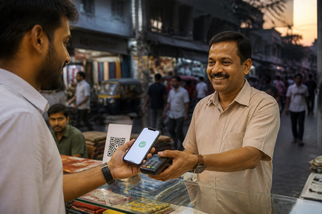 UPI MDR payments being processed at an Indian urban merchant counter