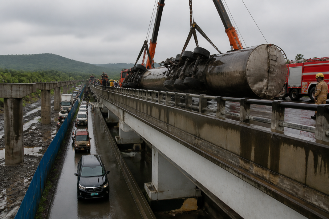 Emergency crews clear a chemical tanker accident on the Charoti flyover in Dahanu.