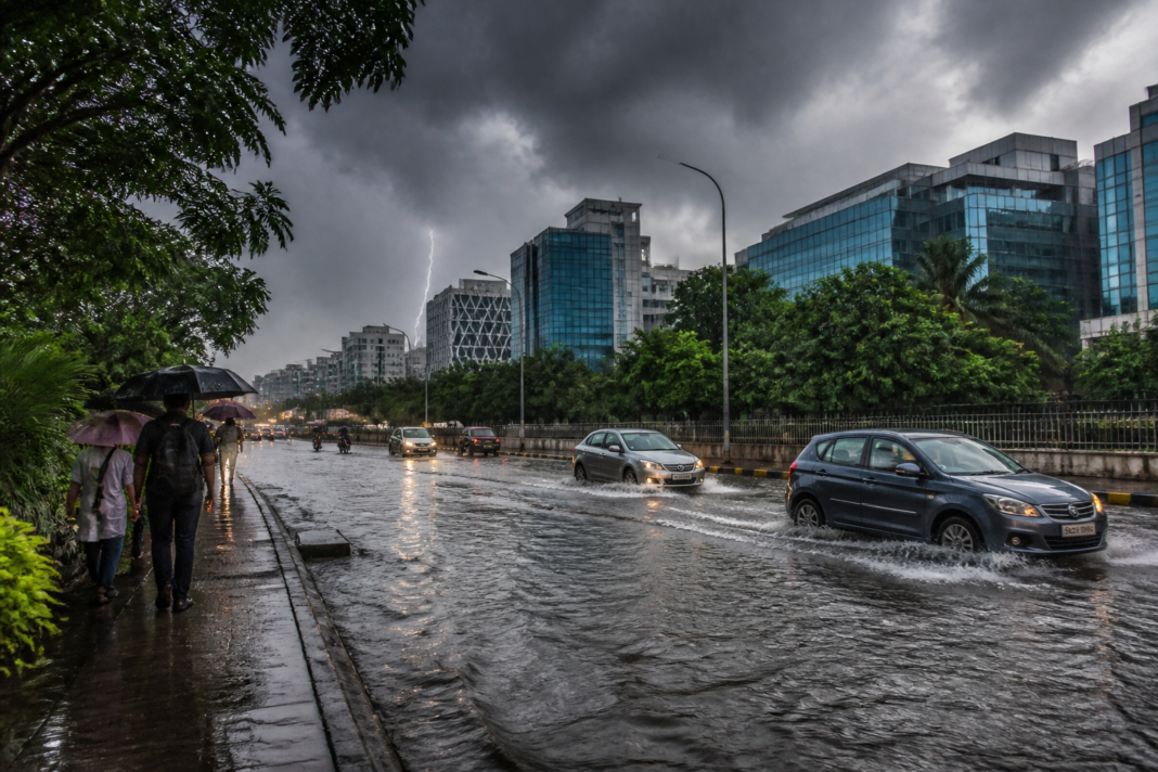 Kolkata rain darkens the sky over a waterlogged Salt Lake road during a thunderstorm.