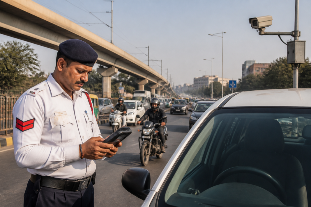 Delhi traffic challan rules shown through a traffic enforcement camera on a busy city road