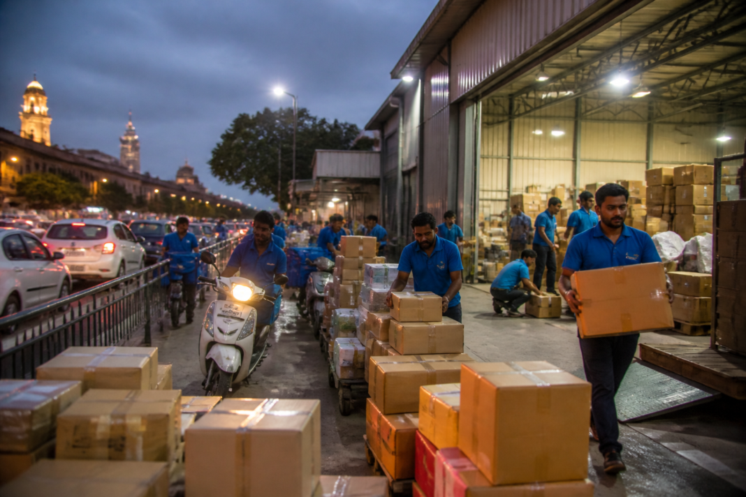 Festive e-commerce hiring brings delivery workers and packages into an Indian city logistics hub.