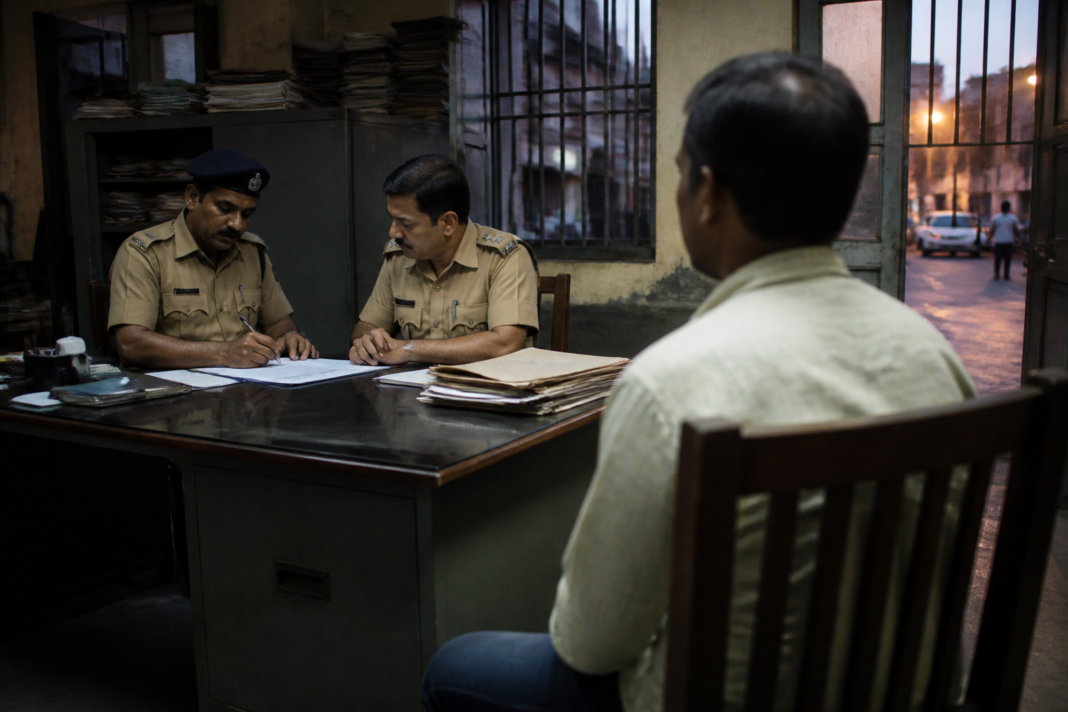 Kolkata witness protection review at a city police station with officers recording a complaint